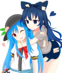 Rule 34 | 2girls, black hat, blue bow, blue eyes, blue hair, blue skirt, bow, bracelet, commentary request, food, fruit, hair bow, hat, heart, highres, hinanawi tenshi, hood, hood down, hoodie, hug, hug from behind, jewelry, leaf, long hair, looking at another, miniskirt, multiple girls, one eye closed, open mouth, peach, red eyes, shirt, short hair, short sleeves, shunki, skirt, touhou, white background, white shirt, yorigami shion, yuri