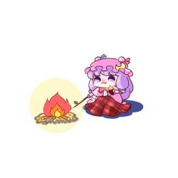 Rule 34 | 1girl, :3, ajitsuki, blanket, blush, bow, bowtie, campfire, chibi, commentary request, crescent, crescent hat ornament, double bun, dress, eating, fire, food, hair bun, hat, hat ornament, holding, holding food, holding stick, leaf, mob cap, patchouli knowledge, pink dress, pink hat, plaid blanket, purple eyes, purple hair, red bow, red bowtie, roasted sweet potato, simple background, sitting, solo, stick, striped clothes, striped dress, sweet potato, touhou, twig, vertical-striped clothes, vertical-striped dress, white background