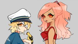 Rule 34 | 1boy, 1girl, :p, bandages, bird, blonde hair, crop top, dark skin, gradient hair, grey background, hat, highres, james (vocaloid), long hair, looking back, makeup, mascara, misharoute, multicolored hair, oliver (vocaloid), open mouth, orange eyes, peaked cap, pink hair, ruby (vocaloid), simple background, tongue, tongue out, vocaloid, zipper