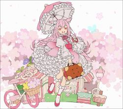 Rule 34 | 1girl, :d, basket, bicycle, briefcase, cake, cherry blossom cookie, cherry blossoms, cookie, cookie run, dress, flower, food, frilled sleeves, frills, hair flower, hair ornament, hakusai (tiahszld), holding, holding umbrella, house, humanization, juliet sleeves, lolita fashion, long sleeves, mailbox (incoming mail), neck ribbon, open mouth, parasol, petticoat, pink dress, pink flower, pink footwear, pink hair, pink ribbon, puffy sleeves, ribbon, smile, socks, solo, tree, two side up, umbrella, white flower, white socks, wide sleeves