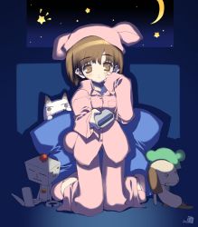 Rule 34 | 1girl, 4others, blush, brown eyes, brown hair, controller, crescent moon, cushion, doko demo issho, fake tail, hat, hat with ears, inoue toro, kneeling, mihara jun, moon, multiple others, nakamura takeshi, night, pajamas, parted lips, personification, pink headwear, pink pajamas, r suzuki, remote control, ricky (doko demo issho), robot, shadow, short hair, signature, sleeves past wrists, slippers, solo focus, star (sky), tail, yamamoto pierre