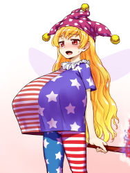 Rule 34 | 1girl, alternate breast size, american flag, blonde hair, breasts, clownpiece, dress, fairy, fairy wings, frilled shirt collar, frills, gigantic breasts, hat, highres, itou yuuji, jester cap, leggings, long hair, neck ruff, oppai loli, pantyhose, pink eyes, polka dot, solo, touhou, very long hair, wings