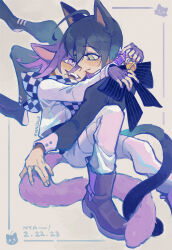 Rule 34 | 2boys, ahoge, animal ears, bell, black hair, cat ears, cat tail, checkered clothes, checkered scarf, collar, danganronpa (series), danganronpa v3: killing harmony, evercelle, fangs, fingerless gloves, formal, fox ears, fox tail, gloves, hair between eyes, highres, hug, intertwined tails, looking at another, male focus, multiple boys, neck bell, neck ribbon, oma kokichi, open mouth, purple eyes, purple footwear, purple hair, ribbon, saihara shuichi, scarf, short hair, smile, suit, tail, teeth, yaoi, yellow eyes