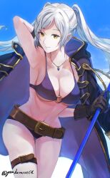 Rule 34 | 1girl, armpits, belt, belt buckle, bikini, black coat, blue sky, braid, breasts, brown belt, buckle, cleavage, closed mouth, coat, day, fire emblem, fire emblem awakening, fire emblem heroes, french braid, gimkamres04, highres, holding, holding polearm, holding weapon, jewelry, large breasts, long hair, looking at viewer, navel, necklace, nintendo, o-ring, o-ring bikini, official alternate costume, outdoors, polearm, purple bikini, robin (female) (fire emblem), robin (female) (summer) (fire emblem), robin (fire emblem), sky, smile, solo, stomach, swept bangs, swimsuit, twintails, twitter username, weapon, white hair, yellow eyes