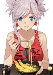 Rule 34 | 1girl, alternate costume, asymmetrical hair, bare shoulders, blue eyes, bowl, breasts, commentary request, earrings, eating, fate/grand order, fate (series), food, grin, heroic spirit traveling outfit, highres, imigimuru, jewelry, large breasts, looking at viewer, miyamoto musashi (fate), miyamoto musashi (traveling outfit) (fate), noodles, pink hair, ponytail, red tank top, shrimp, smile, solo, sunglasses, sunglasses around neck, sunglasses removed, tank top
