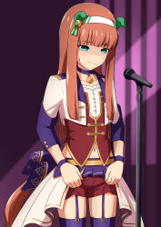 Rule 34 | 1girl, absurdres, animal ears, blunt bangs, choker, corset, cowboy shot, cropped jacket, ear covers, flat chest, green eyes, hairband, highres, hime cut, horse ears, horse girl, horse tail, jacket, kasahebi, long hair, long sleeves, microphone, microphone stand, midriff, official alternate costume, orange hair, overskirt, pendant choker, purple choker, purple garter straps, purple thighhighs, red corset, red shorts, shorts, silence suzuka (umamusume), solo, starting future (umamusume), tail, thighhighs, umamusume, wavy mouth, white hairband, white jacket
