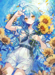 Rule 34 | 1girl, ahoge, blue hair, blue nails, commentary request, flower, heart, heart ahoge, highres, holding, holding flower, hololive, kudou (sikisiki0000), long hair, looking at viewer, nail polish, parted lips, partially submerged, school uniform, serafuku, shirt, short sleeves, skirt, solo, sunflower, virtual youtuber, water, white shirt, white skirt, yellow eyes, yukihana lamy