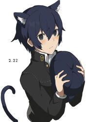 Rule 34 | 1girl, absurdres, animal ear fluff, animal ears, black jacket, blue eyes, blue hair, blue hat, blush, cabbie hat, cat ears, cat tail, closed mouth, commentary request, cropped torso, dated, hair between eyes, hat, highres, jacket, kemonomimi mode, kulea1020, long sleeves, looking at viewer, persona, persona 4, school uniform, shirogane naoto, simple background, solo, sweatdrop, tail, unworn hat, unworn headwear, white background, yasogami school uniform