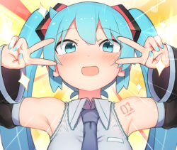 Rule 34 | 1girl, :d, abmayo, aqua eyes, aqua hair, aqua nails, armpits, bare shoulders, black sleeves, blue necktie, blush, commentary request, detached sleeves, double v, emotional engine - full drive, fate/grand order, fate (series), grey shirt, hair ornament, hands up, hatsune miku, highres, long hair, looking at viewer, nail polish, necktie, open mouth, shirt, shoulder tattoo, sleeveless, sleeveless shirt, smile, solo, sparkle, sparkle background, sunburst, sunburst background, sweat, tattoo, twintails, upper body, v, v-shaped eyebrows, v over eye, vocaloid