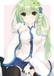 Rule 34 | 1girl, black thighhighs, blue skirt, blush, breasts, collared shirt, detached sleeves, frog hair ornament, green hair, hair between eyes, hair ornament, hair tubes, highres, kochiya sanae, long hair, medium breasts, mikan923, miniskirt, navel, nontraditional miko, open mouth, pink background, shirt, sitting, skirt, sleeveless, sleeveless shirt, snake hair ornament, solo, thighhighs, touhou, wariza, white background, white shirt, yellow eyes