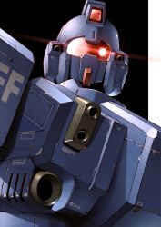 Rule 34 | assault visor, blue destiny 01, commentary request, earth federation, eye trail, glowing, glowing eyes, gundam, gundam side story: the blue destiny, highres, light trail, mecha, mobile suit, no humans, red eyes, robot, science fiction, solo, takahashi masaki, upper body