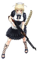 Rule 34 | 1girl, angry, animal ears, blonde hair, bow, breasts, brown hair, bursting breasts, clenched teeth, facial mark, full body, gun, hair ornament, holding, holding weapon, large breasts, light machine gun, looking at viewer, machine gun, maid, official art, official style, red eyes, rifle, rpk, rpk (upotte!!), short hair, skirt, solo, tail, teeth, tennouji kitsune, tiger ears, tiger tail, upotte!!, weapon