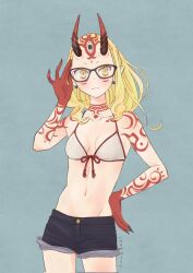 Rule 34 | 1girl, bespectacled, bikini, bikini top only, blonde hair, breasts, earrings, facial mark, fate/grand order, fate (series), forehead mark, glasses, highres, horns, ibaraki douji (fate), jewelry, long hair, looking at viewer, mame cs5, navel, oni, pointy ears, short shorts, shorts, small breasts, solo, swimsuit, yellow eyes