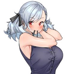 Rule 34 | 1girl, armpits, blush, breasts, commentary, dual-mode shotgun, girls&#039; frontline, gun, hair ribbon, hair tie, large breasts, looking at viewer, mouth hold, pump-action shotgun, pump action, red eyes, ribbon, semi-automatic shotgun, shotgun, silver hair, simple background, solo, spas-12, spas-12 (girls&#039; frontline), two side up, urrrt, weapon, white background