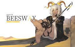 Rule 34 | 1girl, :p, animal ears, arknights, barefoot, beeswax (arknights), black jacket, black ribbon, character name, chinese commentary, commentary request, copyright name, dark-skinned female, dark skin, dated, dress, female focus, foreshortening, hand up, highres, holding, holding staff, horns, jacket, leg ribbon, long sleeves, looking at viewer, open clothes, open jacket, revision, ribbon, short dress, short hair, silver hair, sitting, solo, staff, tongue, tongue out, tsukibara, white dress, yellow eyes