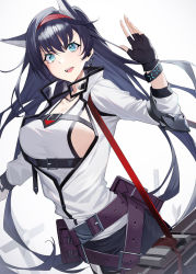 Rule 34 | 1girl, :d, animal ear fluff, animal ears, aqua eyes, arknights, arm up, belt, belt buckle, belt pouch, black gloves, black hair, blaze (arknights), bracelet, breasts, buckle, cat ears, cleavage, cowboy shot, earpiece, elbow pads, extra ears, fingerless gloves, gloves, hairband, highres, infection monitor (arknights), jacket, jewelry, large breasts, long hair, long sleeves, open clothes, open jacket, open mouth, planted, planted sword, planted weapon, pouch, raitho, red hairband, sideboob, simple background, smile, solo, sword, tank top, underbust, v-shaped eyebrows, very long hair, waving, weapon, weapon bag, white background, white jacket