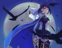 Rule 34 | 1girl, bird, blue eyes, blue hair, bow, bow earrings, breasts, chain, crow, earrings, feathers, hair intakes, highres, hololive, hololive english, jewelry, kisuu (oddnumberr ), looking at viewer, medium breasts, moon, ouro kronii, solo, thighhighs, virtual youtuber