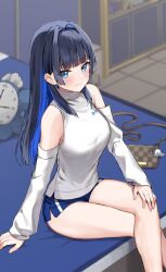 Rule 34 | 1girl, alternate costume, bag, bare legs, bare shoulders, black hair, blue eyes, blue hair, blue shorts, breasts, closed mouth, crossed legs, detached sleeves, ear piercing, hair intakes, hand on own knee, handbag, highres, hololive, hololive english, kaetzchen, long hair, long sleeves, looking at viewer, medium breasts, micro shorts, multicolored hair, ouro kronii, piercing, shirt, short shorts, shorts, side slit, sitting, smile, solo, streaked hair, thighs, turtleneck, two-tone hair, virtual youtuber, white shirt