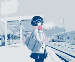 Rule 34 | 1girl, bag, black eyes, black hair, black pantyhose, black skirt, breath, coat, cold, commentary request, duffel bag, duffel coat, emukami, enpera, fringe trim, gloves, hand to own mouth, highres, long sleeves, looking away, muted color, original, outdoors, own hands together, pantyhose, pink scarf, pleated skirt, red gloves, scarf, short hair, skirt, sky, snow, solo, train, train station, white coat, winter