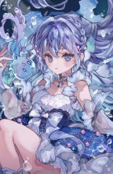 Rule 34 | 1girl, aitsuki nakuru, bad id, bad twitter id, blue eyes, blue hair, blush, bow, braid, breasts, cleavage, collarbone, dated, detached sleeves, dress, feet out of frame, hair between eyes, highres, jellyfish, jewelry, la priere, long hair, looking at viewer, necklace, ofgwr, parted lips, pearl necklace, sidelocks, small breasts, solo, virtual youtuber, white bow