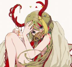 Rule 34 | 1girl, alina gray, antlers, aqua eyes, blonde hair, blood, blood on arm, blood on chest, blood on face, blood on hands, blue gemstone, boyano, cape, chain, colored blood, eyes visible through hair, feet out of frame, from side, gem, green blood, green hair, hair between eyes, hand on own head, highres, holy alina, horns, long hair, looking at viewer, magia record: mahou shoujo madoka magica gaiden, mahou shoujo madoka magica, multicolored blood, multicolored hair, multicolored nails, muzzle, nail polish, naked cape, nude, parted lips, red cape, red horns, sidelocks, simple background, sitting, solo, streaked hair, triangle, two-sided cape, two-sided fabric, very long hair, white background, white cape