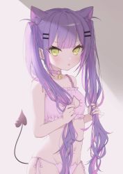 Rule 34 | animal ears, bad id, bad twitter id, bra, cat ears, cleavage cutout, clothing cutout, collarbone, commentary request, demon tail, green eyes, groin, hair ornament, hairclip, highres, hololive, long hair, meme attire, navel, neck bell, panties, purple hair, simple background, solo, tail, tokoyami towa, tongue, tongue out, twintails, underwear, underwear only, very long hair, virtual youtuber