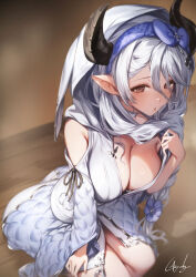 Rule 34 | 1girl, black horns, blue hairband, blush, breasts, brown eyes, character request, cleavage, from above, genyaky, granblue fantasy, hair between eyes, hair ornament, hairband, horns, izmir, large breasts, long hair, long sleeves, looking at viewer, pointy ears, signature, sitting, solo, thighs, white hair