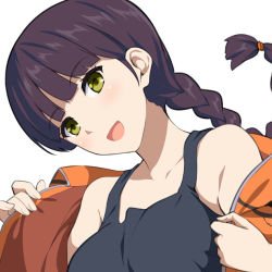 Rule 34 | 1girl, :d, black shirt, braid, breasts, collarbone, commentary request, green eyes, huyumitsu, jacket, long hair, looking at viewer, medium breasts, open mouth, removing jacket, shirt, simple background, single braid, smile, solo, tank top, teruya fumika, upper body, white background, world trigger