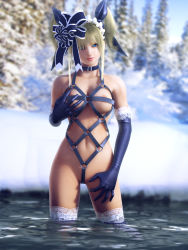 Rule 34 | 1girl, 3d, bdsm, blonde hair, blue eyes, bondage, bound, breasts, collar, crotch rope, elbow gloves, female focus, forest, gloves, harness, incise soul, m-rs, nature, outdoors, ribbon, rukia (incise soul), sky, solo, thighhighs, water, winter
