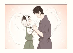 Rule 34 | 1boy, 1girl, asutora, black hair, black hairband, blue eyes, blush, commentary request, hairband, holding hands, japanese clothes, konpaku youmu, konpaku youmu (ghost), looking at another, short sleeves, solo focus, sparkle background, touhou, white hair
