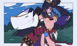 Rule 34 | 1girl, armor, black hair, blue eyes, blue panties, blue sky, breast curtains, breasts, detached sleeves, fate/grand order, fate (series), feather hair ornament, feathers, hacco mayu, hair bun, hair ornament, hat, highres, japanese armor, long hair, looking at viewer, medium breasts, open mouth, panties, parted bangs, side ponytail, sidelocks, single side bun, sky, smile, solo, thighs, underwear, ushiwakamaru (fate), very long hair, wide sleeves