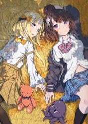 Rule 34 | 2girls, abigail williams (fate), absurdres, alternate costume, animal, arm up, autumn leaves, black bow, black jacket, black skirt, black socks, blonde hair, blue eyes, blush, bow, breasts, brown hair, brown skirt, closed mouth, collared shirt, commentary request, dress shirt, fate/grand order, fate (series), forehead, hair between eyes, hair bow, hair bun, hair ornament, hand up, highres, holding legs, jacket, katsushika hokusai (fate), kneehighs, leaning forward, long sleeves, looking at viewer, lying, medium breasts, multiple girls, navel, octopus, on back, open clothes, open jacket, orange bow, pantyhose, parted bangs, parted lips, plaid, plaid skirt, pleated skirt, purple eyes, sahara386, shirt, short hair, single hair bun, skirt, sleeves past wrists, smile, socks, stuffed animal, stuffed toy, suspender skirt, suspenders, teddy bear, tokitarou (fate), white shirt