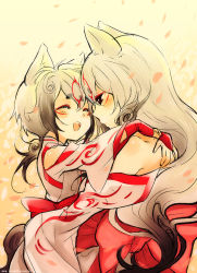 Rule 34 | 1boy, 1girl, amaterasu (ookami), animal ears, arms around neck, chibiterasu, child, closed eyes, eyeliner, happy, hug, humanization, kaze-hime, long hair, looking at another, mother and son, ookami (game), open mouth, red eyeliner, red eyes, sitting, sitting on person, smile, teeth, upper teeth only, white hair, wolf ears