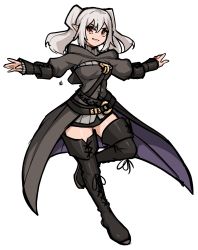 Rule 34 | 1girl, black footwear, black skirt, boots, breasts, brown eyes, commentary, commission, copyright request, english commentary, full body, grey hair, grey jacket, hair between eyes, highres, hood, hood down, hooded jacket, jacket, long sleeves, medium breasts, o-ring, oninuer, puffy long sleeves, puffy sleeves, simple background, skirt, solo, standing, standing on one leg, thigh boots, twintails, v-shaped eyebrows, white background