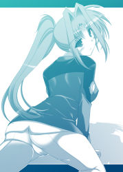Rule 34 | 00s, 1girl, ass, bent over, blush, cameltoe, facial mark, forehead mark, from behind, ibuki pon, lindy harlaown, long hair, looking back, lyrical nanoha, mahou shoujo lyrical nanoha, mahou shoujo lyrical nanoha a&#039;s, monochrome, ponytail, solo