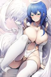 Rule 34 | 1girl, absurdres, afterimage, angel, angel wings, ass, beckoning, blue eyes, blue hair, breasts, center opening, cleavage, come hither, copyright request, ddangbi, detached collar, feathered wings, feathers, gesture, gloves, gold trim, grin, halo, hand up, highleg, highleg leotard, highres, knee up, large breasts, leotard, long hair, long sleeves, looking at viewer, motion lines, navel, novel illustration, official art, original, sitting, skindentation, smile, solo, stomach, thighhighs, thighs, white gloves, white leotard, white thighhighs, wings