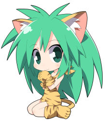 Rule 34 | 1girl, animal ear fluff, animal ears, animal print, bare shoulders, blush, cham cham, closed mouth, commentary request, full body, gloves, green eyes, green hair, hair between eyes, long hair, looking at viewer, osaragi mitama, paw shoes, print footwear, print gloves, samurai spirits, shoes, simple background, sitting, smile, solo, tail, tiger ears, tiger girl, tiger print, tiger tail, very long hair, wariza, white background, yellow footwear, yellow gloves