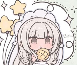 Rule 34 | 1girl, azur lane, bread, character name, chibi, chibi only, commentary, dress, drill hair, food, futaba (anti clockwise), grey hair, holding, holding food, long hair, luetzow (azur lane), luetzow (sleeping white beauty) (azur lane), melon bread, nejikirio (style), official alternate costume, solo, symbol-only commentary, twin drills, white dress
