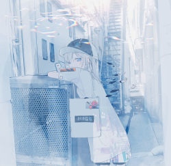 Rule 34 | 1girl, alley, bag, baseball cap, blue eyes, blue theme, cellphone, commentary request, cowboy shot, double exposure, fish, hat, highres, holding, holding phone, irodori warabi, long hair, long shirt, looking at viewer, original, outdoors, phone, short sleeves, shorts, shoulder bag, smartphone, solo, stairs
