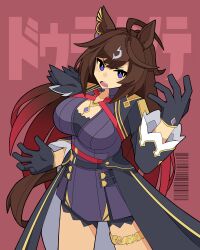 Rule 34 | 1girl, absurdres, animal ears, antenna hair, belt, black gloves, black jacket, black shorts, blue eyes, breasts, brown hair, clenched hand, commentary request, cowboy shot, dress, duramente (umamusume), feathers, gloves, grass, hand on own hip, highres, horse ears, horse girl, horse tail, horseshoe, jacket, long hair, long sleeves, parted lips, purple dress, red background, shorts, solo, soulmaster uwu, standing, tail, thigh strap, umamusume, v-shaped eyebrows, very long hair