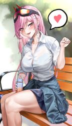 Rule 34 | 1girl, absurdres, bench, blush, bottle, breasts, clothes around waist, girls&#039; frontline, goggles, goggles on head, heart, highres, jacket, jacket around waist, large breasts, long hair, looking at viewer, neck tattoo, on bench, open mouth, paw pose, pink hair, red eyes, shirt, sibo, sig mcx (girls&#039; frontline), sitting, skirt, smile, solo, speech bubble, tattoo, white shirt