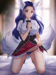 Rule 34 | 1girl, animal ear fluff, animal ears, bed, blue hair, blue panties, blurry, blurry background, blush, bow, bowtie, breasts, buttons, clothes lift, cosplay, eyebrows, eyelashes, gigamessy, high school dxd, large breasts, long hair, looking at viewer, original, panties, parted hair, red skirt, rias gremory, rias gremory (cosplay), school uniform, shirt, short sleeves, sidelocks, skirt, skirt lift, smile, socks, solo, thighs, underbust, underwear, white shirt