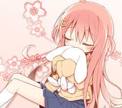 Rule 34 | 1girl, ahoge, ayanepuna, blue skirt, blush, brown jacket, closed eyes, covered mouth, facing viewer, hair between eyes, hair ornament, hairclip, ii (ayanepuna), jacket, kneehighs, long hair, long sleeves, hugging object, open clothes, open jacket, original, pink background, pink hair, pleated skirt, shirt, skirt, sleeves past fingers, sleeves past wrists, socks, solo, stuffed animal, stuffed rabbit, stuffed toy, two side up, very long hair, white shirt, white socks