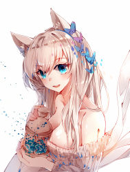 Rule 34 | 1girl, animal ears, bad id, bad pixiv id, baocaizi, bare shoulders, blonde hair, blue eyes, breasts, bug, butterfly, butterfly hair ornament, cat ears, cleavage, hair between eyes, hair ornament, highres, holding, insect, jar, large breasts, long hair, looking at viewer, open mouth, original, simple background, smile, solo, teeth, upper body, white background