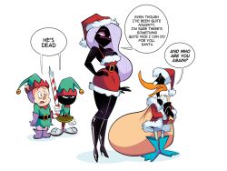 Rule 34 | 1girl, 3boys, alien, angry, bag, bare shoulders, bell, belt, bird, black eyes, black skin, boots, breasts, candy, candy cane, colored skin, daffy duck, dark skin, dress, duck, duck dodgers, duck dudgers (character), english text, eyebrows, food, fur trim, hand on own hip, hat, herny, high heel boots, high heels, jingle bell, light purple hair, long hair, looney tunes, martian, marvin the martian, matching hair/eyes, medium breasts, multiple boys, navel, open mouth, pig, porky pig, purple eyes, purple hair, queen, queen tyr&#039;ahnee, santa costume, santa hat, shoes, short dress, simple background, speech bubble, standing, text focus, white background
