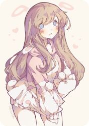 Rule 34 | 1girl, angel wings, animal ear hood, animal ears, artist name, blue eyes, blush, brown hair, clenched hand, collarbone, commentary, detached wings, english commentary, eyelashes, fake animal ears, head wings, heart, highres, hood, hood down, hoodie, leaning forward, littlebluemuffin, long hair, long sleeves, making-of available, miniskirt, open mouth, original, painttool sai (medium), pink hoodie, pointing, pointing at self, pom pom (clothes), puffy long sleeves, puffy sleeves, rabbit ears, rabbit tail, sidelocks, skirt, sleeves past wrists, tail, teeth, two-tone hoodie, upper teeth only, white hoodie, white skirt, wings, yellow background