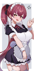 Rule 34 | 1girl, apron, blush, garter belt, garter straps, heterochromia, highres, hiroikara (smhong04), holding, holding tray, hololive, houshou marine, long hair, looking at viewer, maid, maid apron, maid headdress, open mouth, ponytail, red hair, simple background, smile, solo, thighhighs, tray, very long hair, virtual youtuber, white apron, white garter straps, white thighhighs, white wrist cuffs, wrist cuffs, yellow eyes