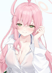 Rule 34 | 1girl, ahoge, blue archive, blush, breasts, cleavage, collarbone, green eyes, halo, hanako (blue archive), hanako (swimsuit) (blue archive), huge ahoge, large breasts, long braid, looking at viewer, official alternate costume, pink hair, sasakichi (ssk chi), shirt, simple background, smile, solo, upper body, white background, white shirt