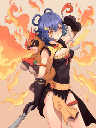 Rule 34 | 1girl, black gloves, black hair, blunt bangs, braid, breasts, chili pepper, chinese clothes, cleavage, commentary request, dual wielding, fire, genshin impact, gloves, guoba (genshin impact), hair ornament, hairclip, highres, holding, holding ladle, holding staff, ladle, long hair, looking at viewer, orange eyes, oro (lsg0624), red panda, sidelocks, simple background, staff, twin braids, v-shaped eyebrows, vision (genshin impact), xiangling (genshin impact)