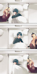 Rule 34 | 1boy, 1girl, azumi (myameco), bed, blonde hair, cape, commentary request, ereshkigal (fate), fate/grand order, fate (series), fujimaru ritsuka (male), heart, hetero, long hair, looking at another, lying, on bed, pillow, red cape, sleeping
